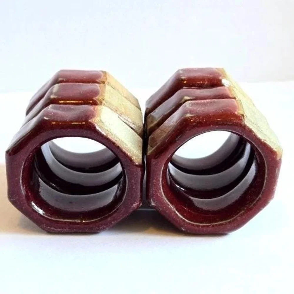 Set of 6 Unique Ceramic Napkin Rings, Burgundy & Beige, Table‎ Decor